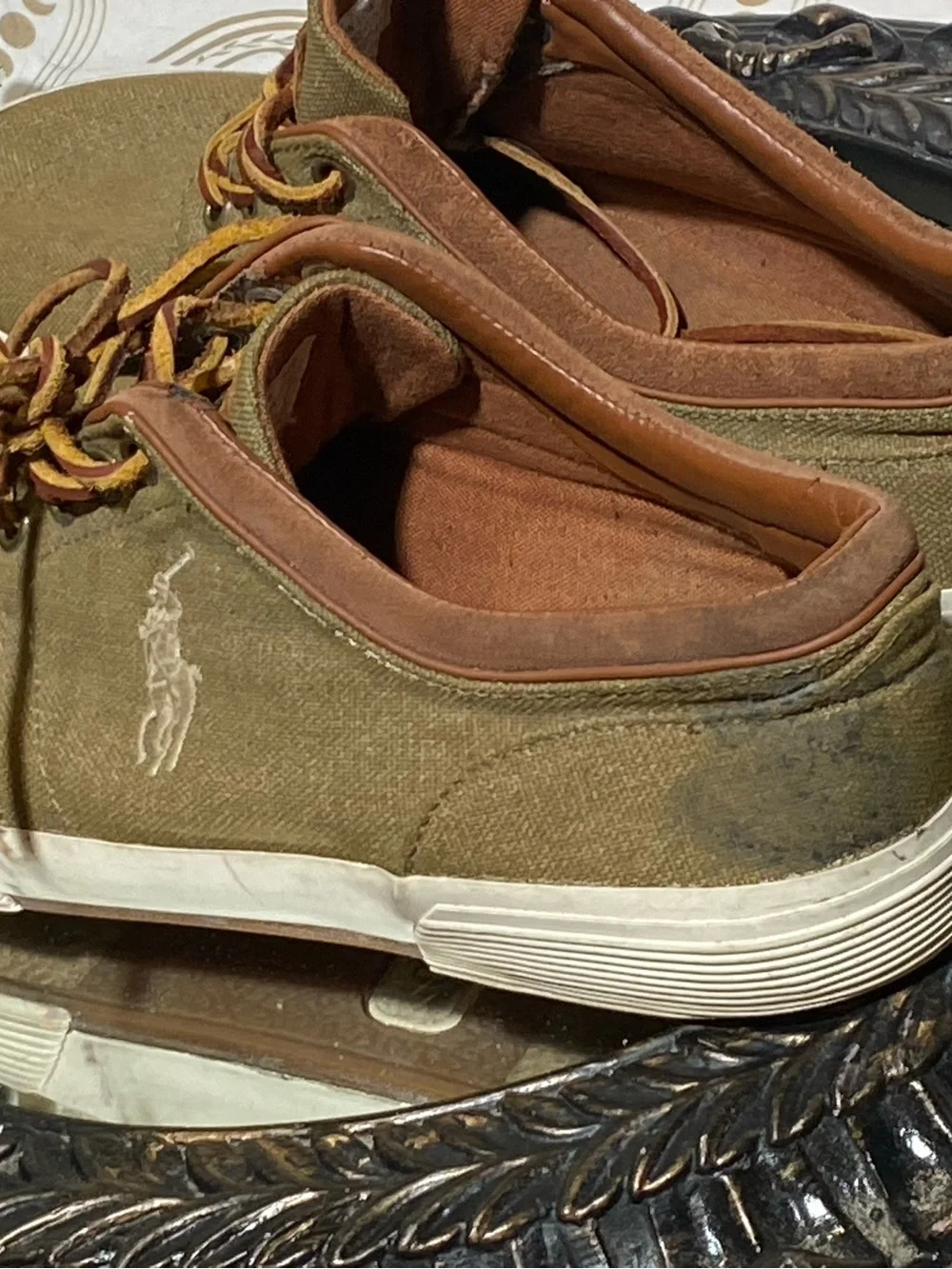 Ralph Lauren Olive Canvas Low-Top Sneakers with Brown Trim